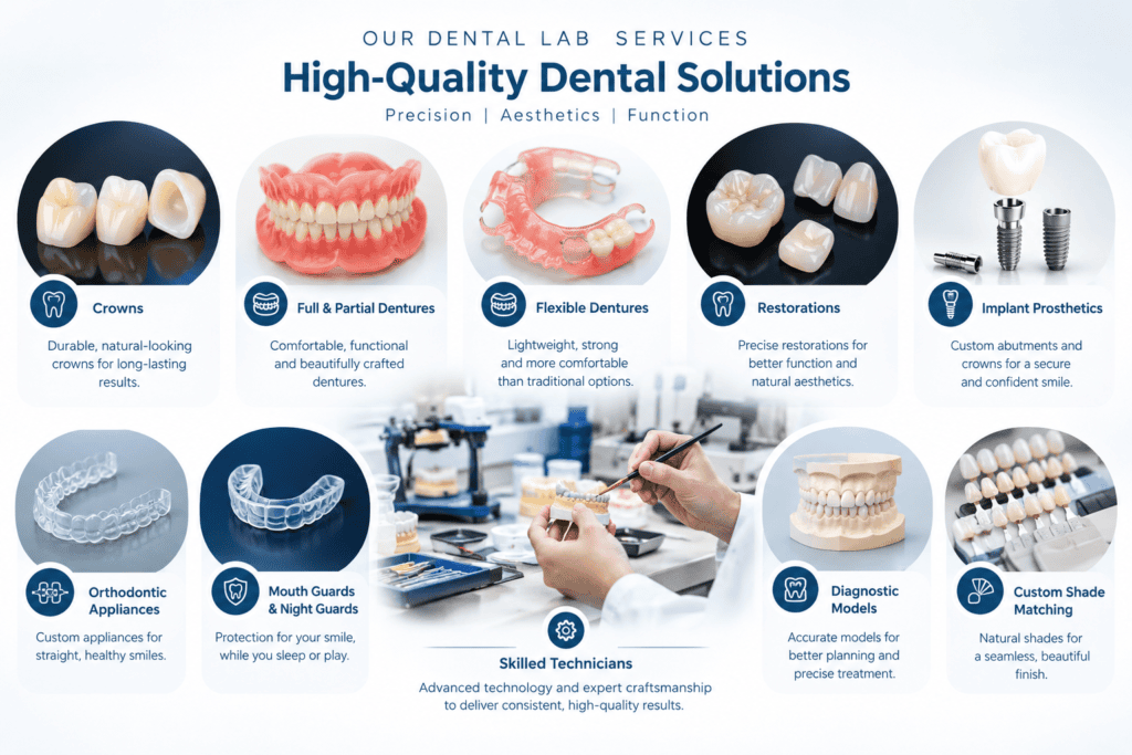 Dental laboratory services including crowns, bridges, dentures, dental implants, retainers, and other custom dental restorations.