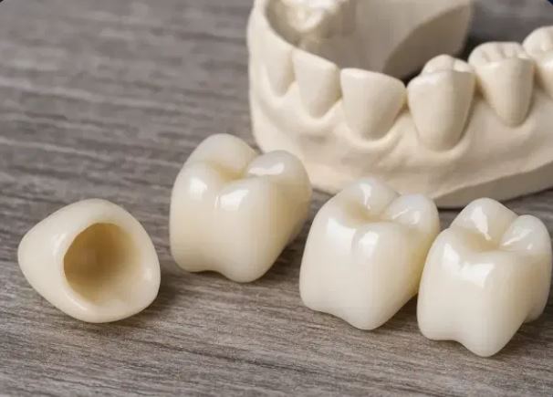 Dental crowns and dental bridge restorations displayed alongside a dental model